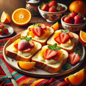 Elegante ontbijtbordjes met dikke plakken wit brood, royaal besmeerd met sinaasappelboter, belegd met stukjes aardbei en gegarneerd met muntblaadjes, licht bestrooid met poedersuiker, op een kleurrijk Mexicaans tafelkleed, omringd door sinaasappels en aardbeien.