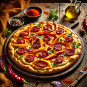 Spaanse flammkuchen met een dunne, krokante korst, belegd met romige saus, chorizo, geroosterde rode en gele paprika, rode ui en verse peterselie, geserveerd op een houten plank in een warme, rustieke setting.
