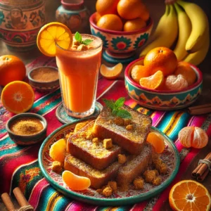 Een kleurrijke Mexicaanse ontbijtopstelling met speculaas-wentelteefjes, bestrooid met speculaaskruimels en poedersuiker, geserveerd op een bord met Mexicaanse patronen, naast een glas mandarijn-banaan smoothie, gegarneerd met een mandarijnpartje en munt, op een felgekleurd geweven tafelkleed, omringd door verse mandarijnen, bananen en kaneelstokjes.