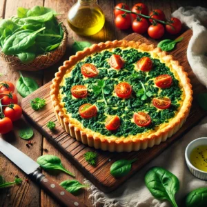 Een levendig en rustiek tafereel met een spinazietaart, perfect goudbruin gebakken. De taart is rond, met een knapperige korst en een romige spinazie- en kaasvulling, gegarneerd met verse peterselie en cherrytomaatjes. Gepresenteerd op een houten plank met een mes ernaast, omringd door verse spinazieblaadjes, een klein schaaltje olijfolie en een linnen servet. De achtergrond toont een rustieke houten tafel en warm, natuurlijk licht.