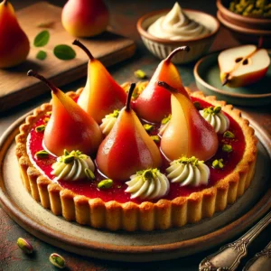 Stoofperentaart met een goudbruine korst, gevuld met romige banketbakkersroom en gegarneerd met rood gestoofde perenhelften, pistachenoten en een glanzende perensiroop, geserveerd in een rustieke setting.