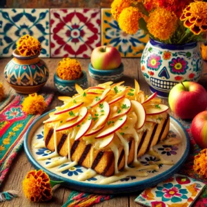 Een kleurrijk Mexicaans geïnspireerde presentatie van een tijgerbroodje, belegd met plakjes kaas, dunne schijfjes appel en een laag appelstroop, geserveerd op een vrolijke achtergrond.