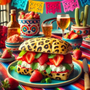 Een kleurrijke Mexicaans-geïnspireerde presentatie van een tijgerbrood-sandwich gevuld met verse geitenkaas, aardbeienschijfjes en muntgarnering, geserveerd op een decoratief bord in een levendige tafelsetting.