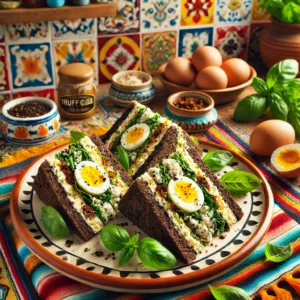 Volkoren sandwiches gevuld met truffel-eiersalade, gemaakt met Parmezaanse kaas, basilicum en tomaatjes op olie, gepresenteerd op een kleurrijk bord met verse basilicumblaadjes als decoratie.