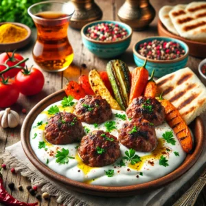 Een kleurrijke en smakelijke presentatie van Turkse Köfte met yoghurtsaus, perfect gegrilde gehaktballetjes gegarneerd met peterselie, geserveerd met een romige yoghurtsaus. Het gerecht wordt vergezeld door kleurrijke geroosterde groenten, vers pitabrood en een scheutje olijfolie. De setting bevat een rustieke houten tafel met Turkse theeglazen, kruiden, en een lichte, vrolijke sfeer.