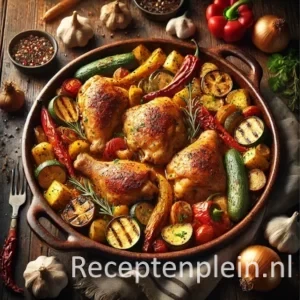 Een hyperrealistische foodfoto van een one-pan maaltijd met goudbruine kippendijen en geroosterde groenten zoals paprika, courgette, ui en aardappelen, geserveerd in een ovenschaal op een donkere houten tafel met kruiden eromheen.