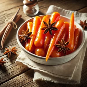 Haarscherpe afbeelding van feloranje wortels, geglaceerd met een glanzende vanillesiroop en gegarneerd met steranijs. Geserveerd in een wit keramisch kommetje op een rustieke houten tafel met een linnen servet ernaast, vastgelegd in helder natuurlijk licht.