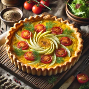 Venkel-tomatenquiche van bladerdeeg met een goudbruine korst, gevuld met een romige custard, dunne venkelplakken en cherrytomaten, gegarneerd met verse dille en zwarte peper, geserveerd in een rustieke setting.