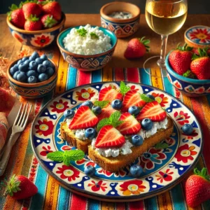 Geroosterd meergranenbrood belegd met hüttenkäse, plakjes aardbeien, bosbessen en verse munt, geserveerd op een kleurrijk bord met Mexicaanse patronen, omringd door schaaltjes fruit, hüttenkäse en een glas Sauvignon Blanc, op een felgekleurd Mexicaans tafelkleed.