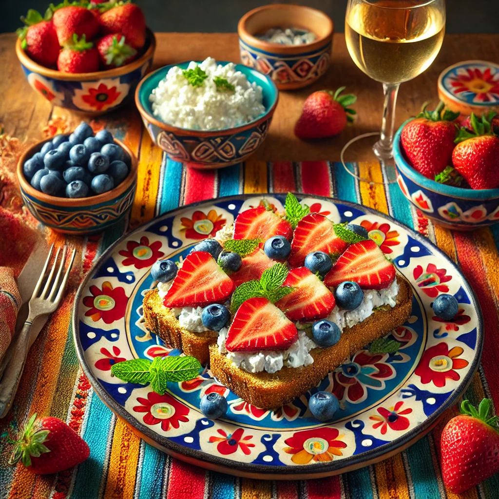 Geroosterd meergranenbrood belegd met hüttenkäse, plakjes aardbeien, bosbessen en verse munt, geserveerd op een kleurrijk bord met Mexicaanse patronen, omringd door schaaltjes fruit, hüttenkäse en een glas Sauvignon Blanc, op een felgekleurd Mexicaans tafelkleed.