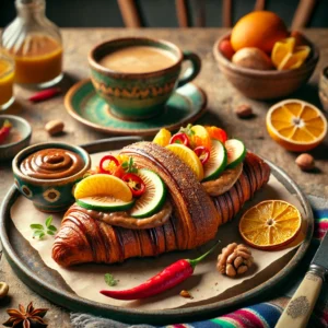 Een verfijnde croissant met een Mexicaanse twist, gevuld met romige hazelnootspread en dakpansgewijs belegd met verse abrikozen en plakjes banaan. Het gerecht is gegarneerd met geroosterde hazelnoten, verse munt, en een vleugje chili poeder. Gepresenteerd op een rustieke houten tafel met een kleurrijk Mexicaans tafelkleed, decoratieve citrusvruchten, en een kopje koffie, verlicht door helder natuurlijk licht.
