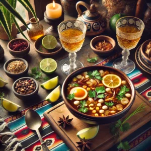 Een levendige presentatie van dubbele bouillon in een vrolijke Mexicaanse stijl. De bouillon is helder en rijk van kleur, geserveerd in een rustieke kom en gegarneerd met verse kruiden zoals tijm en lavas. De setting bevat een kleurrijk Mexicaans tafelkleed met vrolijke patronen, decoratieve limoenpartjes, een glas witte wijn en een klein schaaltje kruiden, verlicht door helder natuurlijk licht dat de warme en uitnodigende uitstraling benadrukt.
