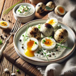 Haarscherpe afbeelding van zachtgekookte kwarteleitjes, gehalveerd en geserveerd met een romige Roquefortsaus. Afgewerkt met verse bieslook en een vleugje zwarte peper, gepresenteerd op een wit keramisch bord op een rustieke houten tafel.
