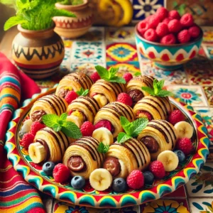 Verfijnde mini-croissants, gevuld met plakjes banaan, frambozen, chocoladepasta, frambozenjam en reepjes kokosbrood, gegarneerd met verse munt en gepresenteerd op een kleurrijk bord.