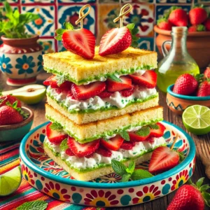 Verfrissende maïsbrood club sandwich met limoenricotta, aardbeien, dunne schijfjes peer en verse munt, gestapeld en vastgezet met satéstokjes, geserveerd op een kleurrijk bord.