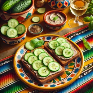Sandwich met kalfsleverworst en dunne plakjes komkommer, geserveerd op bruin brood, diagonaal gesneden in vier stukjes, gepresenteerd op een kleurrijk bord met Mexicaanse patronen, omringd door een schaaltje komkommer, verse basilicum en een glas Sauvignon Blanc, op een felgekleurd Mexicaans tafelkleed.