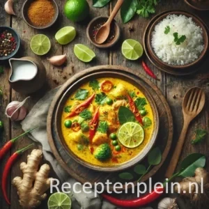 Thaise kokoscurry geserveerd in een rustieke schaal op houten tafel, met zichtbare limoenblaadjes, rode chilipeper en verse koriander. Omringd door ingrediënten zoals limoen, kokosmelk, knoflook en gember, met een kommetje rijst ernaast.