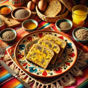 Voedzame Waldkornbroodjes belegd met kwarten omelet gemaakt van eieren, chiazaad en hennepzaad, geserveerd op een kleurrijk bord met Mexicaanse patronen, omringd door schaaltjes chia- en hennepzaad en een glas vers sap, op een felgekleurd Mexicaans tafelkleed.