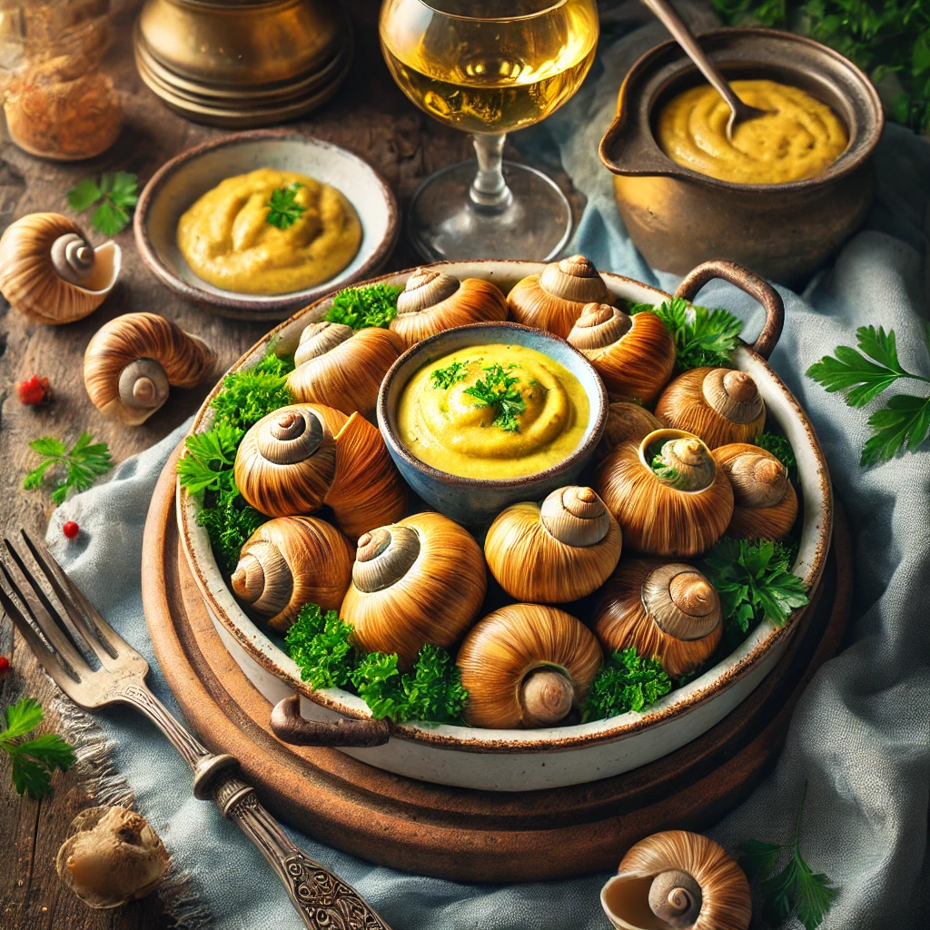 Een elegante en luxueuze presentatie van wijngaardslakken uit Dijon, geserveerd in een rustiek gerecht. De escargots zijn in hun schelpen genesteld, bedekt met een romige Dijonmosterdsaus en gegarneerd met verse peterselie. De setting bevat een kleurrijk tafelkleed, een klein schaaltje Dijonmosterd, een glas witte wijn en een vork, verlicht door helder natuurlijk licht om de rijke en uitnodigende uitstraling te benadrukken.