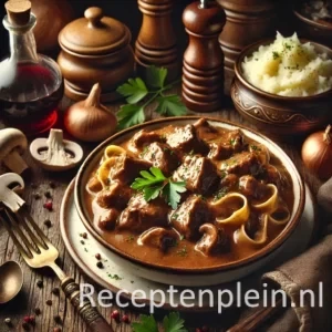 Diep bord met romige wildstoof à la stroganoff, met zachte stukjes vlees in bruine roomsaus. Geserveerd met peterselie, pasta of aardappelpuree, en omringd door paddenstoelen, ui, room en een glas rode wijn op houten tafel.