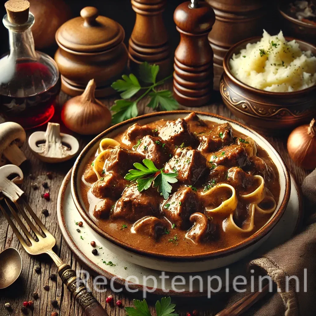 Diep bord met romige wildstoof à la stroganoff, met zachte stukjes vlees in bruine roomsaus. Geserveerd met peterselie, pasta of aardappelpuree, en omringd door paddenstoelen, ui, room en een glas rode wijn op houten tafel.