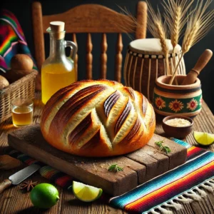 Een versgebakken, zacht wit brood uit de broodbakmachine, liggend op een rustieke houten plank. Het brood heeft een goudbruine korst en wordt gepresenteerd in een kleurrijke Mexicaanse stijl met een felgekleurd tafelkleed, een schaaltje boter, een mes en decoratieve limoenpartjes. Helder natuurlijk licht benadrukt de warme en uitnodigende uitstraling van het brood.