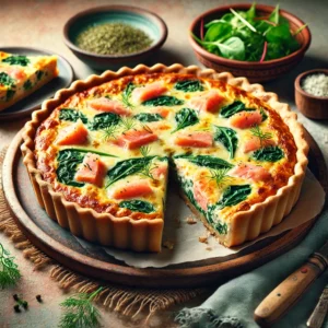 Zalm- en spinaziequiche met een goudbruine korst, gevuld met romige custard, verse spinazie en zalmstukjes, gegarneerd met geraspte kaas en dille, geserveerd in een rustieke setting met een frisse salade.