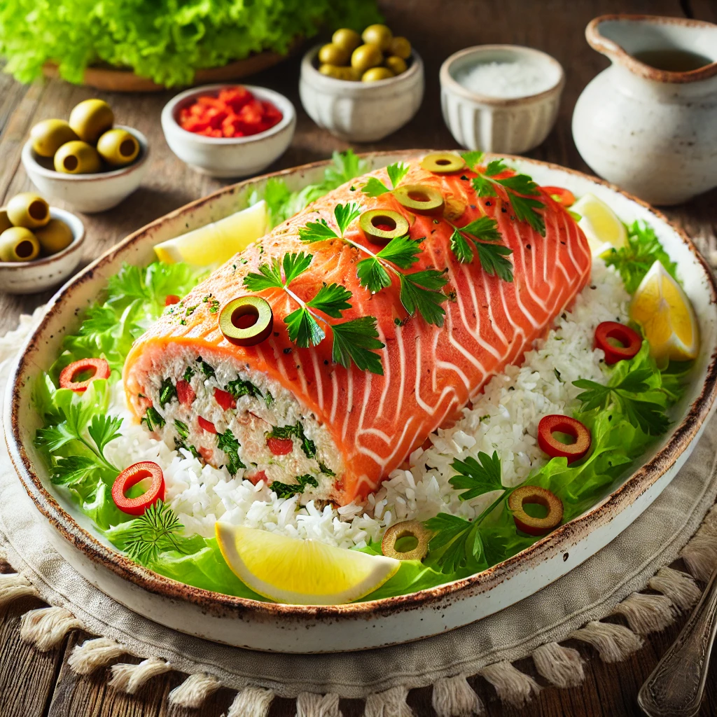 Zalmbrood met rijst en frisse garnituur