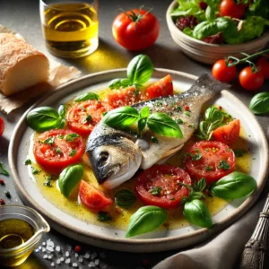 Zeebaars op Italiaanse wijze, geserveerd met plakjes tomaat en verse basilicumblaadjes, op een wit bord met een lichte salade en een stukje knapperig witbrood, in een rustieke mediterrane setting.