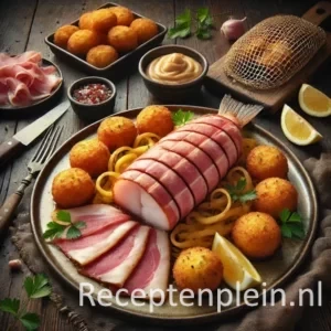 Een hyperrealistische foodfoto van zeeduivel gewikkeld in ham, opengesneden om de lagen te tonen, geserveerd met goudbruine aardappelbeignets, citroen en peterselie op een donkere houten tafel.