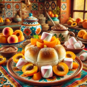 Zoet bolletje gevuld met hazelnootpasta, verse abrikozenpartjes en marshmallows, geserveerd op een kleurrijk bord met verse abrikozen en hazelnootpasta ernaast.