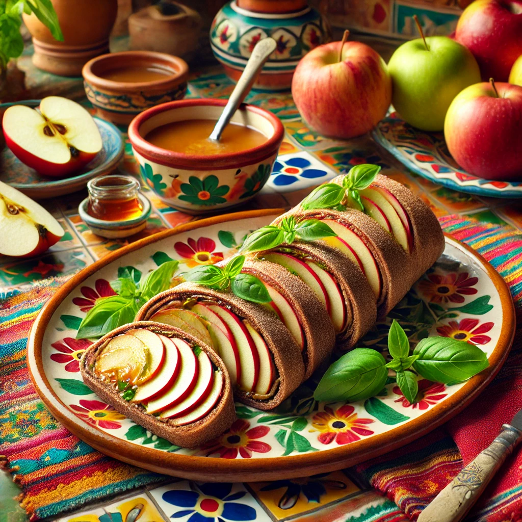 Zoete appel broodwrap met basilicum, gevuld met appelstroop, dunne reepjes Granny Smith appel en verse basilicum, schuin doorgesneden en geserveerd op een kleurrijk bord met verse appelpartjes en basilicumblaadjes.