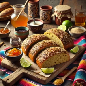 Een kleurrijke presentatie van zoete maanzaad- en sesamzaadbroodjes in een Mexicaanse stijl. De goudbruine broodjes, bestrooid met maanzaad en sesamzaad, liggen op een rustieke houten plank. De setting bevat een felgekleurd Mexicaans tafelkleed, een schaaltje honing en jam, limoenpartjes en een kopje koffie. Helder natuurlijk licht benadrukt de uitnodigende uitstraling en de luchtige textuur van de broodjes.