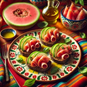 Volkoren bruschette belegd met rauwe ham, dunne plakken meloen, honing en basilicumreepjes, geserveerd op een kleurrijk bord met Mexicaanse patronen, omringd door een schaaltje olijfolie, verse basilicum en een glas Chardonnay, op een felgekleurd Mexicaans tafelkleed.