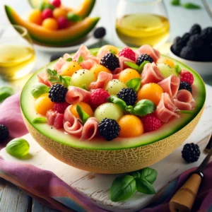 Zomerse meloensalade met bramen en rauwe ham