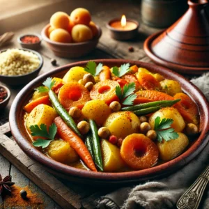 Marokkaanse aardappel-groentetajine met abrikozen en saffraan, geserveerd in een traditionele aardewerken schaal op een rustieke houten tafel.