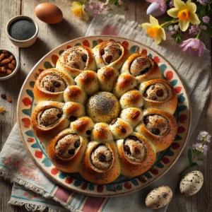 Afbreekbaar paasbrood in bloemvorm met rozijnen en amandelspijs, gebakken tot goudbruin en geserveerd op een kleurrijk bord op een rustieke houten tafel met lentedecoratie