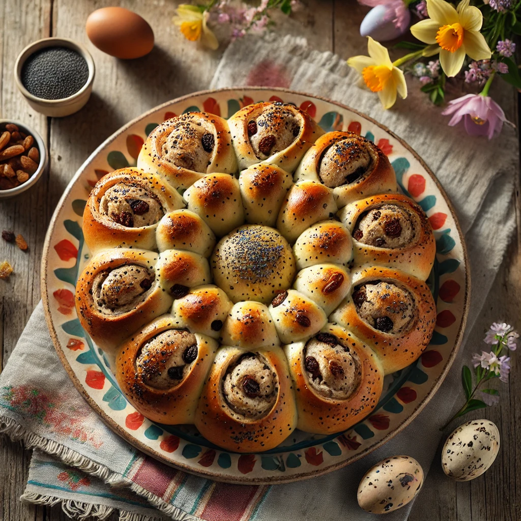 Afbreekbaar paasbrood in bloemvorm met rozijnen en amandelspijs, gebakken tot goudbruin en geserveerd op een kleurrijk bord op een rustieke houten tafel met lentedecoratie