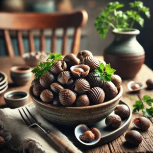 Gekookte alikruiken (krukels) in een rustieke keramische kom, geserveerd met een dipsaus en een kleine zeevruchtenvork op een houten tafel.