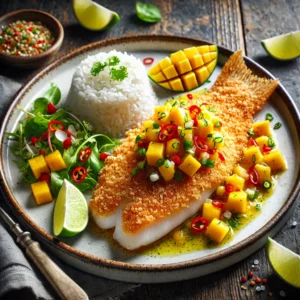 Gegrilde tilapiafilet met een krokante amandelkorst, geserveerd met een frisse mangosalsa van blokjes mango, rode peper en bosui, op een wit bord met witte rijst en een groene salade, gepresenteerd op een donker rustieke houten tafel in zacht natuurlijk licht.