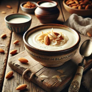 Een rustieke foto van Amandelroomvelouté Dame Blanche, geserveerd in een keramieken kom op een doorleefde houten tafel. Deze romige amandelsoep heeft een fluweelzachte, gebroken witte textuur en is subtiel gegarneerd met stukjes malse kip. Een drizzle van room en een snufje fijngesneden amandelen voegen een elegante finishing touch toe. Op de achtergrond ligt een houten snijplank met extra amandelen en een schaaltje room, subtiel vervaagd. Zacht natuurlijk licht zorgt voor een warme en uitnodigende sfeer.