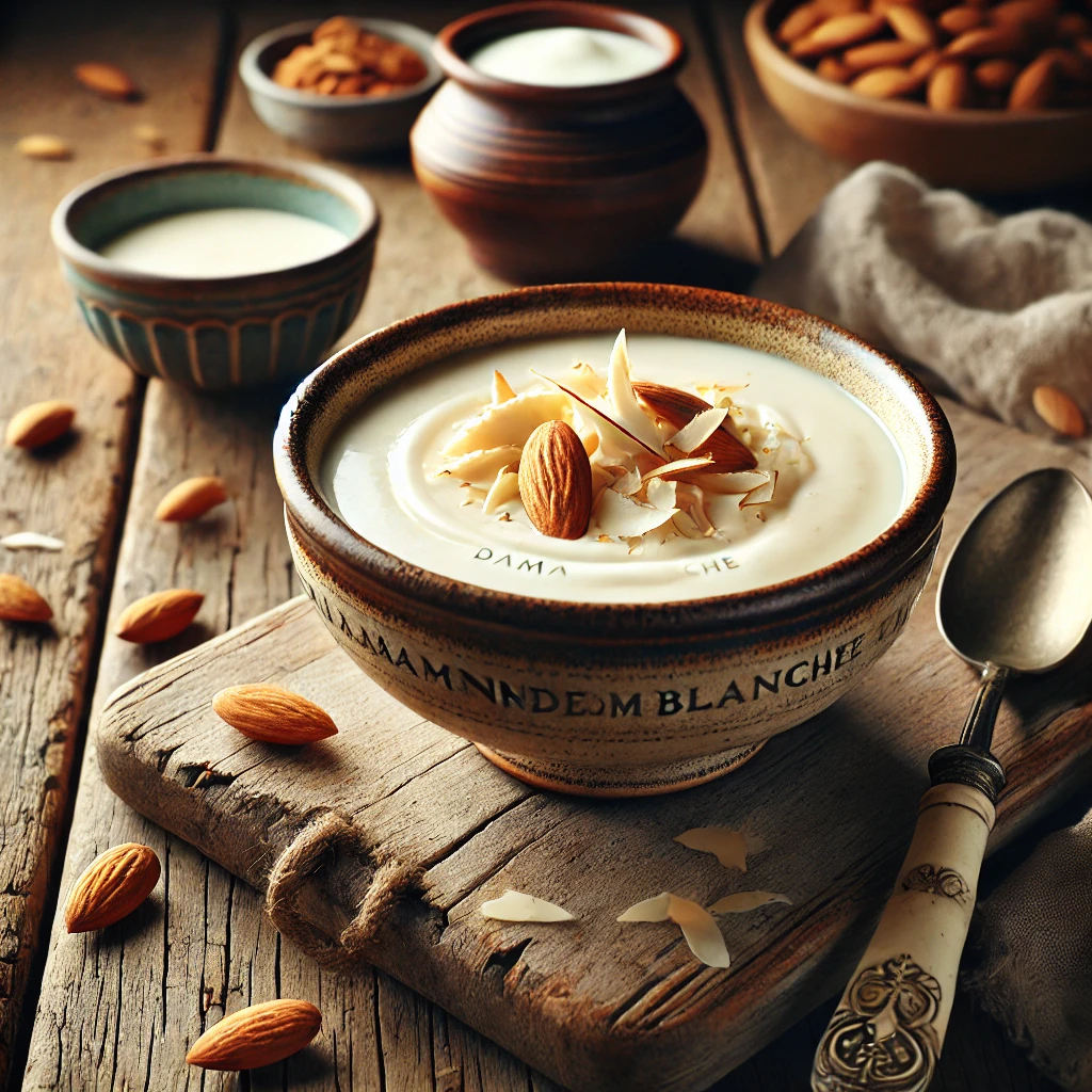 Een rustieke foto van Amandelroomvelouté Dame Blanche, geserveerd in een keramieken kom op een doorleefde houten tafel. Deze romige amandelsoep heeft een fluweelzachte, gebroken witte textuur en is subtiel gegarneerd met stukjes malse kip. Een drizzle van room en een snufje fijngesneden amandelen voegen een elegante finishing touch toe. Op de achtergrond ligt een houten snijplank met extra amandelen en een schaaltje room, subtiel vervaagd. Zacht natuurlijk licht zorgt voor een warme en uitnodigende sfeer.