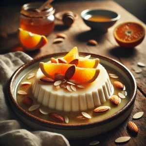 Amandeltahoe met sinaasappelpartjes, geserveerd in een ondiepe keramische kom, gegarneerd met amandelschaafsel en sinaasappelzest, met een lichte siroop eroverheen.
