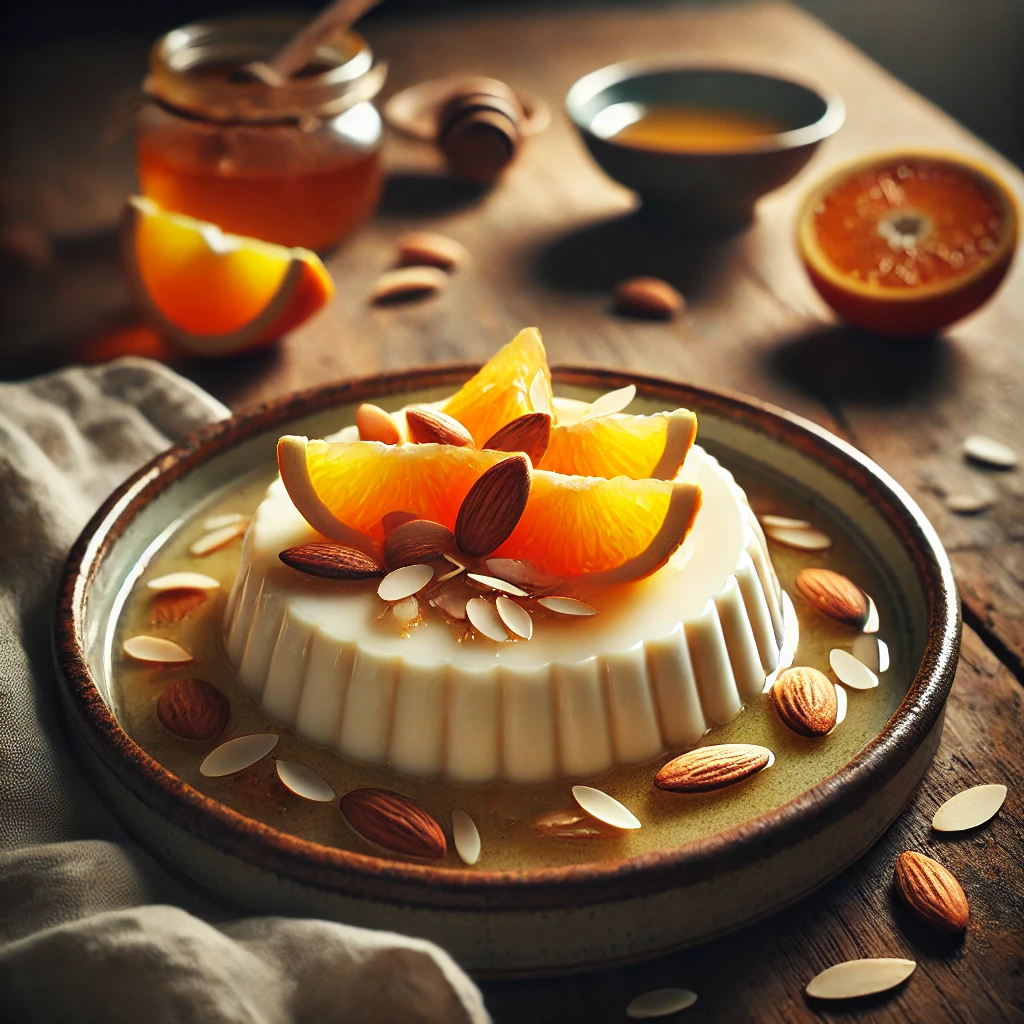 Amandeltahoe met sinaasappelpartjes, geserveerd in een ondiepe keramische kom, gegarneerd met amandelschaafsel en sinaasappelzest, met een lichte siroop eroverheen.