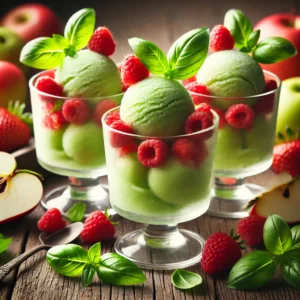 Appel-basilicumsorbet geserveerd in hoge glazen met 2-3 bolletjes lichtgroen sorbetijs, gegarneerd met verse basilicumblaadjes en een mix van frambozen en aardbeien, gepresenteerd op een rustieke houten tafel in natuurlijk licht.
