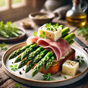 Witte en groene asperges met kervelboter, gerookte ham en blokjes Goudse kaas, geserveerd op knapperig geroosterd brood op een rustieke houten tafel.