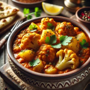 Aloo Gobi, een Indiase curry met bloemkool en aardappelen in een goudgele gekruide saus, gegarneerd met verse koriander en geserveerd met naanbrood op een rustieke houten tafel.