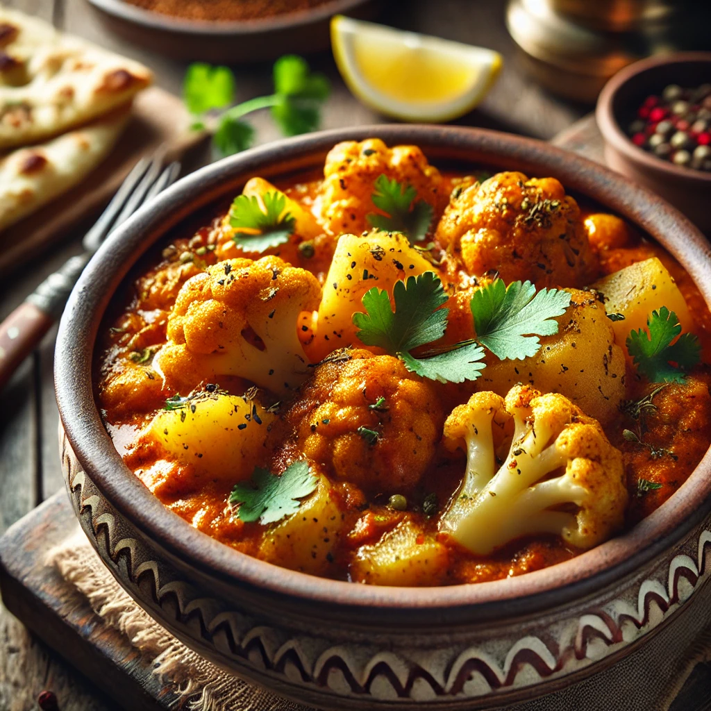 Aloo Gobi, een Indiase curry met bloemkool en aardappelen in een goudgele gekruide saus, gegarneerd met verse koriander en geserveerd met naanbrood op een rustieke houten tafel.