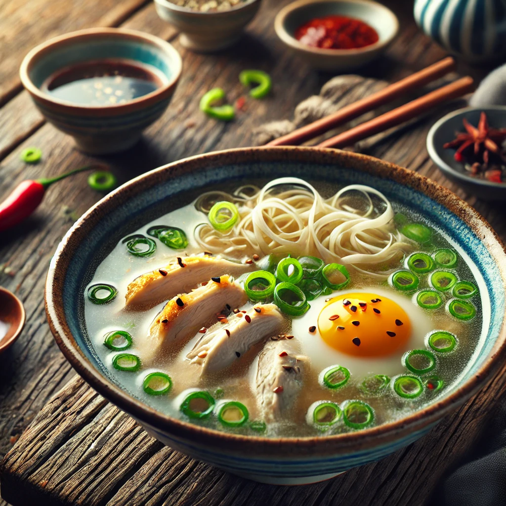 Een rustieke houten tafel met een kom dampende Chinese kippensoep, gevuld met malse kip, delicate eistrepen en fijngesneden lente-ui, gegarneerd met een drupje sesamolie en sojasaus. Op de achtergrond liggen eetstokjes en een schaaltje chilisaus.