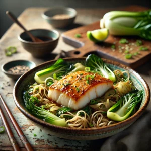 Een realistische foto van Aziatische kabeljauw met noedels en paksoi, geserveerd in een keramieken kom op een doorleefde houten tafel. De malse, schilferige kabeljauwfilet is geglazuurd met een rijke soja-gembersaus en ligt op een bedje van glanzende rijstnoedels. Roergebakken paksoi zorgt voor een frisse, knapperige textuur, terwijl sesamzaadjes en fijngesneden lente-ui de presentatie verfijnen. Een drizzle sesamolie en een partje limoen maken het gerecht af. Op de achtergrond ligt een houten snijplank met extra kabeljauw, paksoi en een schaaltje saus, subtiel vervaagd. Zacht natuurlijk licht benadrukt de texturen en kleuren, wat zorgt voor een uitnodigende, verse uitstraling.